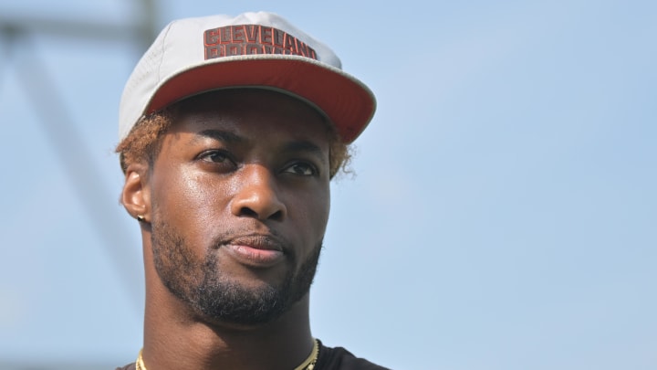 Aug 3, 2023; Canton, Ohio, USA; Cleveland Browns cornerback Denzel Ward warms up before the game between the Browns and the New York Jets at Tom Benson Hall of Fame Stadium.