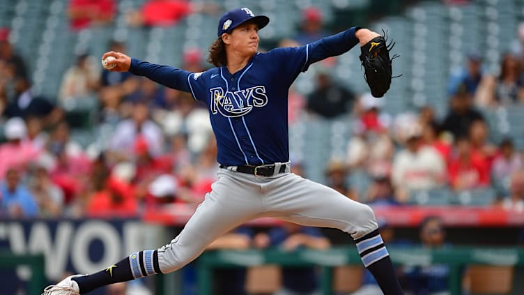 Aug 19, 2023; Anaheim, California, USA; Tampa Bay Rays starting pitcher Tyler Glasnow (20) throws