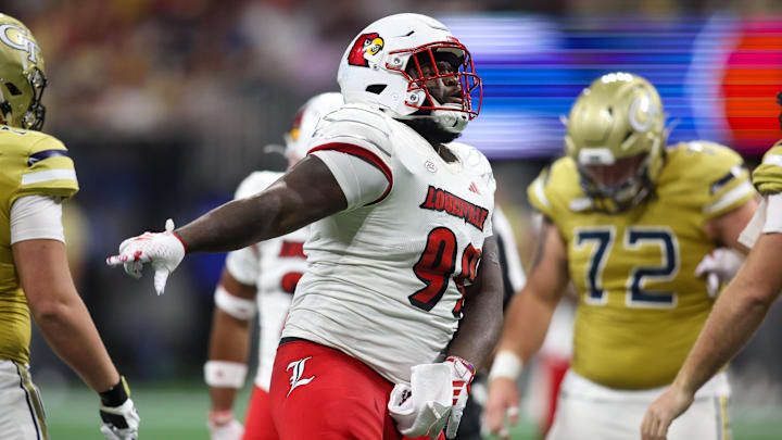 Sep 1, 2023; Atlanta, Georgia, USA; Louisville Cardinals defensive lineman Dezmond Tell (99) reacts against the Georgia Tech Yellow Jackets in the second half at Mercedes-Benz Stadium. Mandatory Credit: Brett Davis-Imagn Images