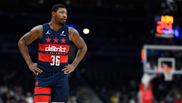 Mar 24, 2025; Washington, District of Columbia, USA; Washington Wizards guard Marcus Smart (36) looks on during the second quarter against the Toronto Raptors at Capital One Arena. Mandatory Credit: Reggie Hildred-Imagn Images