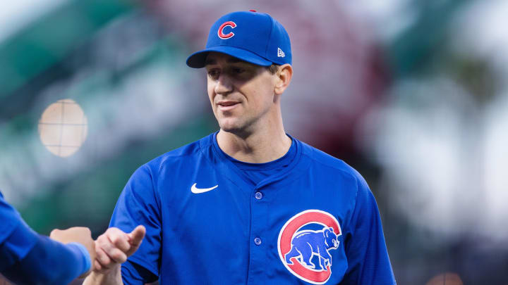 Jun 25, 2024; San Francisco, California, USA; Chicago Cubs starting pitcher Kyle Hendricks (28) walks off the field against the San Francisco Giants in the fifth inning at Oracle Park. 