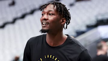 Apr 9, 2025; Dallas, Texas, USA;  Los Angeles Lakers forward Dorian Finney-Smith (17) warms up before the game against the Dallas Mavericks at American Airlines Center. Mandatory Credit: Kevin Jairaj-Imagn Images