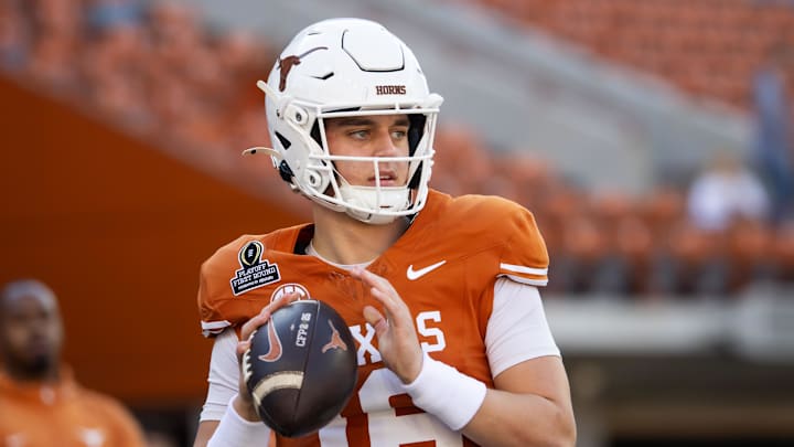 Dec 21, 2024; Austin, Texas, USA; Texas Longhorns quarterback Arch Manning (16) prior to the game against the Clemson Tigers during the CFP National playoff first round.