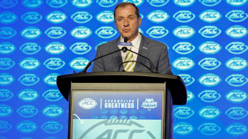 Jul 22, 2024; Charlotte, NC, USA; ACC commissioner Jim Phillips speaks to the media during ACC Kickoff at Hilton Charlotte Uptown. Mandatory Credit: Jim Dedmon-USA TODAY Sports