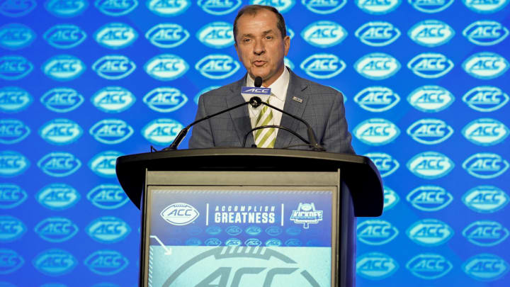 Jul 22, 2024; Charlotte, NC, USA; ACC commissioner Jim Phillips speaks to the media during ACC Kickoff at Hilton Charlotte Uptown. Mandatory Credit: Jim Dedmon-USA TODAY Sports