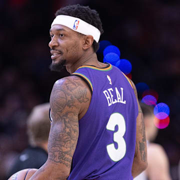Mar 14, 2025; Phoenix, Arizona, USA; Phoenix Suns guard Bradley Beal (3) reacts after a play against the Sacramento Kings during the first half at Footprint Center. Mandatory Credit: Mark J. Rebilas-Imagn Images