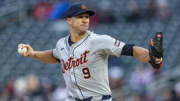 Apr 19, 2024; Minneapolis, Minnesota, USA; Detroit Tigers starting pitcher Jack Flaherty (9) delivers a pitch against the Minnesota Twins in the first inning at Target Field.