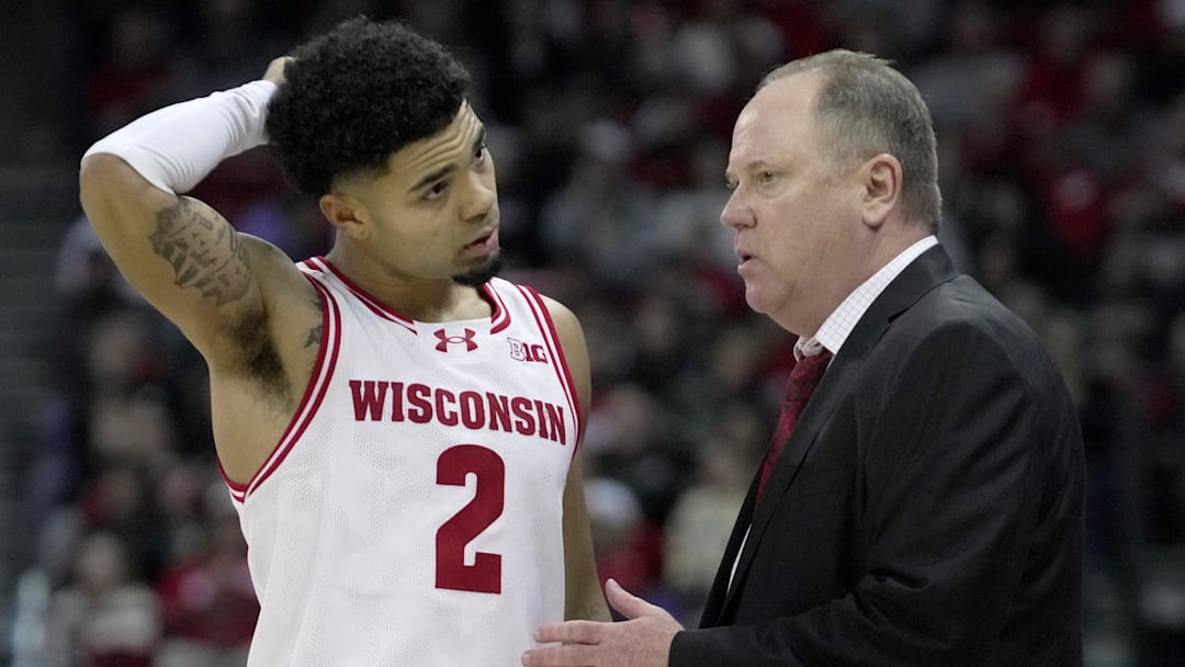 Wisconsin head coach Greg Gard talks with guard Nick Boyd (2) during the second half of their game Saturday, January 3, 2026 at the Kohl Center in Madison, Wisconsin. Purdue beat Wisconsin 89-73.