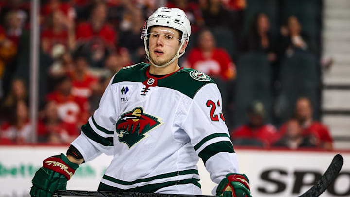 Apr 11, 2025; Calgary, Alberta, CAN; Minnesota Wild center Marco Rossi (23) against the Calgary Flames during the third period at Scotiabank Saddledome. Mandatory Credit: Sergei Belski-Imagn Images Apr 11, 2025; Calgary, Alberta, CAN; Minnesota Wild center Marco Rossi (23) against the Calgary Flames during the third period at Scotiabank Saddledome. Mandatory Credit: Sergei Belski-Imagn Images