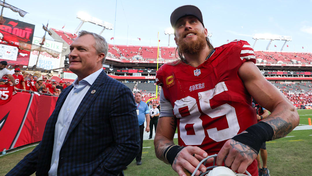 Nov 10, 2024; Tampa, Florida, USA; San Francisco 49ers tight end George Kittle (85) celebrates after beating the Tampa Bay Buccaneers at Raymond James Stadium. Mandatory Credit: Nathan Ray Seebeck-Imagn Images