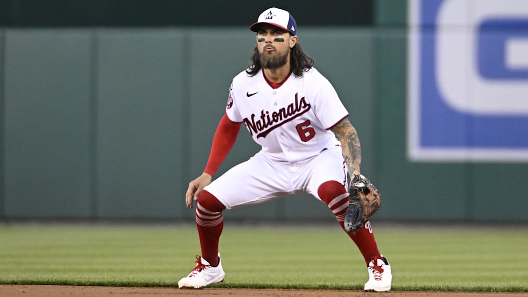 Apr 4, 2023; Washington, District of Columbia, USA; Washington Nationals second baseman Michael Chavis (6) in the field against the Tampa Bay Rays during the first inning at Nationals Park. Mandatory Credit: Brad Mills-Imagn Images Apr 4, 2023; Washington, District of Columbia, USA; Washington Nationals second baseman Michael Chavis (6) in the field against the Tampa Bay Rays during the first inning at Nationals Park. Mandatory Credit: Brad Mills-Imagn Images