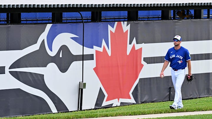 Feb 13, 2025:  Toronto Blue Jays pitcher Max Scherzer (31) walks around the practice field during spring training at Cecil B. Englebert Complex. 
