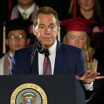 May 1, 2025; Tuscaloosa, AL, USA; Legendary Alabama football coach Nick Saban introduces President Donald Trump. Trump delivered a special commencement address to University of Alabama graduates at Coleman Coliseum. Graduation occurs over the weekend. Mandatory Credit: Gary Cosby Jr.-Tuscaloosa News