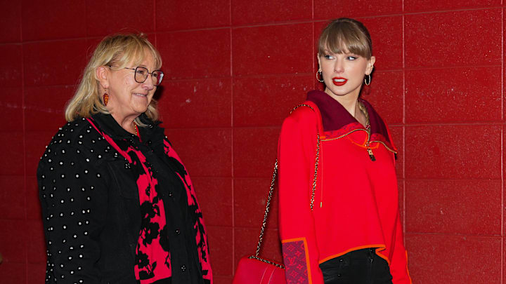 Taylor Swift and Donna Kelce arrive prior to a game between the Kansas City Chiefs and the Las Vegas Raiders.