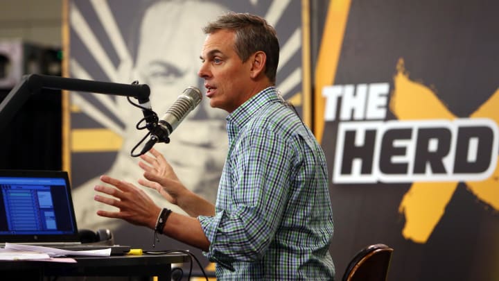 Feb 1, 2016; San Francisco, CA, USA; Radio personality Colin Cowherd broadcasts on radio row at the Moscone Center in advance of Super Bowl 50 between the Carolina Panthers and the Denver Broncos.