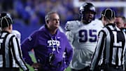 Nov 15, 2025; Provo, Utah, USA; Texas Christian University Horned Frogs head coach Sonny Dykes reacts to a call for the BYU Cougars during the second half at LaVell Edwards Stadium. 