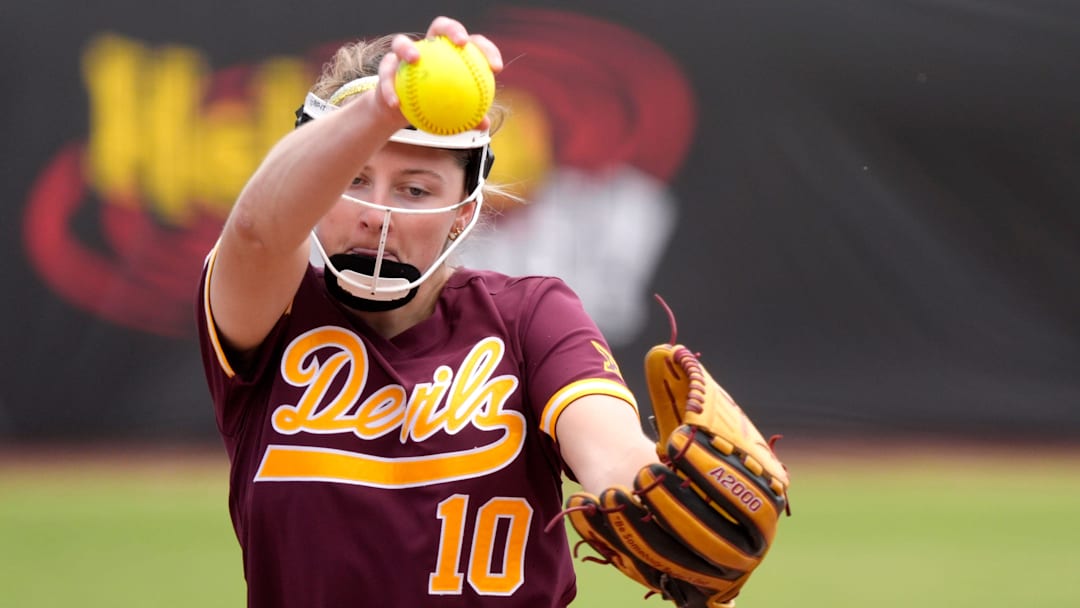 Arizona State pitcher Kenzie Brown (10) pitches during a Big 12 softball tournament game between the Oklahoma State Cowgirls and the Arizona State Sun Devils at Devon Park in Oklahoma City, Thursday, May 8, 2025. Arizona State pitcher Kenzie Brown (10) pitches during a Big 12 softball tournament game between the Oklahoma State Cowgirls and the Arizona State Sun Devils at Devon Park in Oklahoma City, Thursday, May 8, 2025.