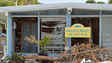 Storm surge from Hurricane Milton pushed debris through the windows of the Angler's Resort on the south end of Manasota Key in Englewood, Florida. Wednesday, Oct. 16, 2024, was the first day the barrier island was opened to vehicles after the storm.