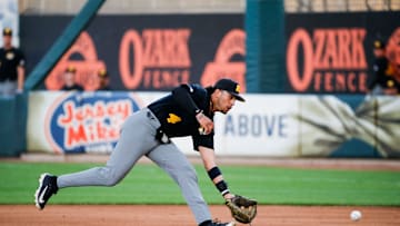 Mizzou's Matt Garcia fields a ball as the Tigers took on the Missouri State Bears at Hammons Field on Tuesday, April 16, 2024.