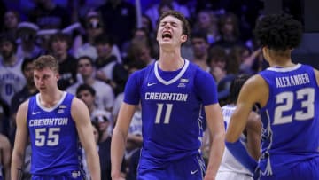 Feb 10, 2024; Cincinnati, Ohio, USA; Creighton Bluejays center Ryan Kalkbrenner (11) reacts after a