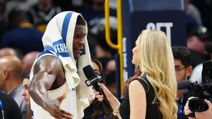 May 4, 2024; Denver, Colorado, USA; Minnesota Timberwolves guard Anthony Edwards (5) is interviewed following the win against the Denver Nuggets of game one of the second round for the 2024 NBA playoffs at Ball Arena. Mandatory Credit: Ron Chenoy-USA TODAY Sports