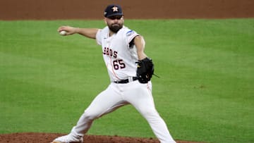 Oct 23, 2023; Houston, Texas, USA; Houston Astros pitcher Jose Urquidy (65) throws during the eighth