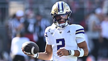 Sep 20, 2025; Pullman, Washington, USA; Washington Huskies quarterback Demond Williams Jr. (2) warms up before Apple Cup game against the Washington State Cougars at Gesa Field at Martin Stadium. Mandatory Credit: James Snook-Imagn Images