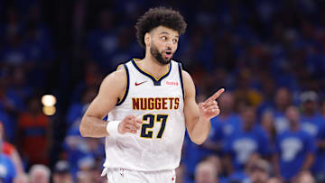 May 18, 2025; Oklahoma City, Oklahoma, USA; Denver Nuggets guard Jamal Murray (27) gestures to his team during a play against the Oklahoma City Thunder in the second half during game seven of the second round for the 2025 NBA Playoffs at Paycom Center. Mandatory Credit: Alonzo Adams-Imagn Images
