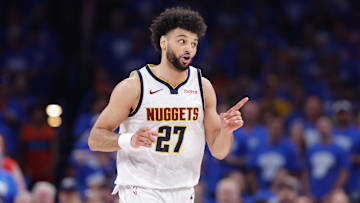 Denver Nuggets' Jamal Murray pointing in excitement 