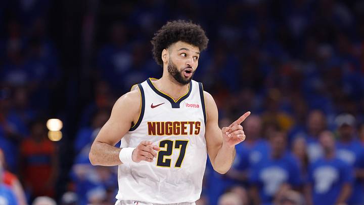 Denver Nuggets' Jamal Murray pointing in excitement 