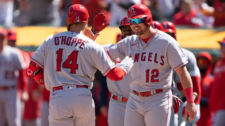 Apr 2, 2023; Oakland, California, USA;  Los Angeles Angels catcher Logan O'Hoppe (14) celebrates