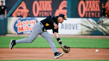 Mizzou's Matt Garcia fields a ball as the Tigers took on the Missouri State Bears at Hammons Field on Tuesday, April 16, 2024.
