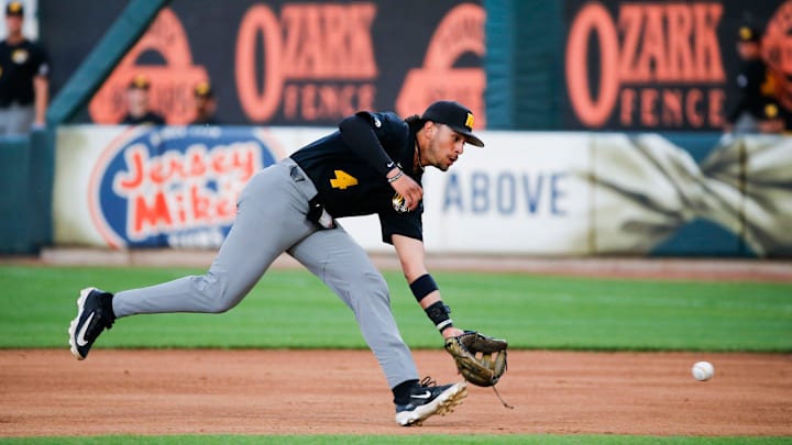 Mizzou's Matt Garcia fields a ball as the Tigers took on the Missouri State Bears at Hammons Field on Tuesday, April 16, 2024.