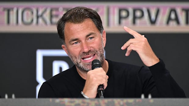 Eddie Hearn is seen during a press conference at The Glasshouse in Surfers Paradise on January 6, 2025.