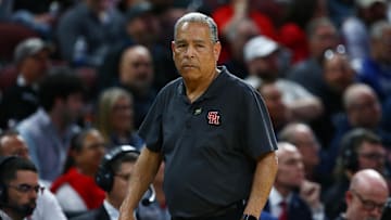 Mar 22, 2025; Wichita, KS, USA; Houston Cougars head coach Kelvin Sampson looks on against the Gonzaga Bulldogs during the first half at Intrust Bank Arena.