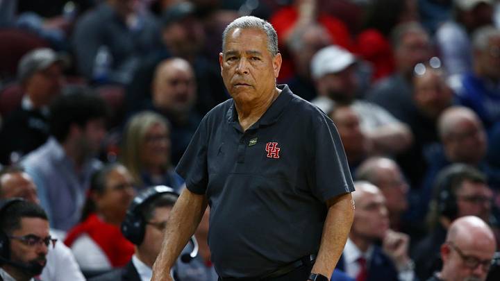 Mar 22, 2025; Wichita, KS, USA; Houston Cougars head coach Kelvin Sampson looks on against the Gonzaga Bulldogs during the first half at Intrust Bank Arena.