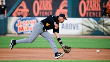 Mizzou's Matt Garcia fields a ball as the Tigers took on the Missouri State Bears at Hammons Field on Tuesday, April 16, 2024.
