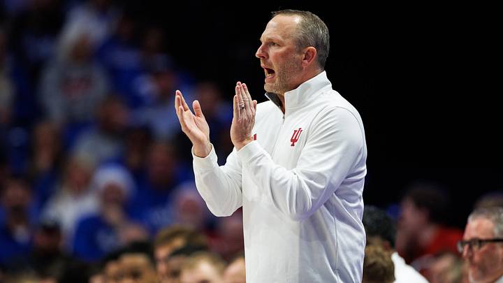 Dec 13, 2025; Lexington, Kentucky, USA; Indiana Hoosiers head coach Darian Devries reacts to the action during the first half against the Kentucky Wildcats at Rupp Arena at Central Bank Center. Mandatory Credit: Jordan Prather-Imagn Images