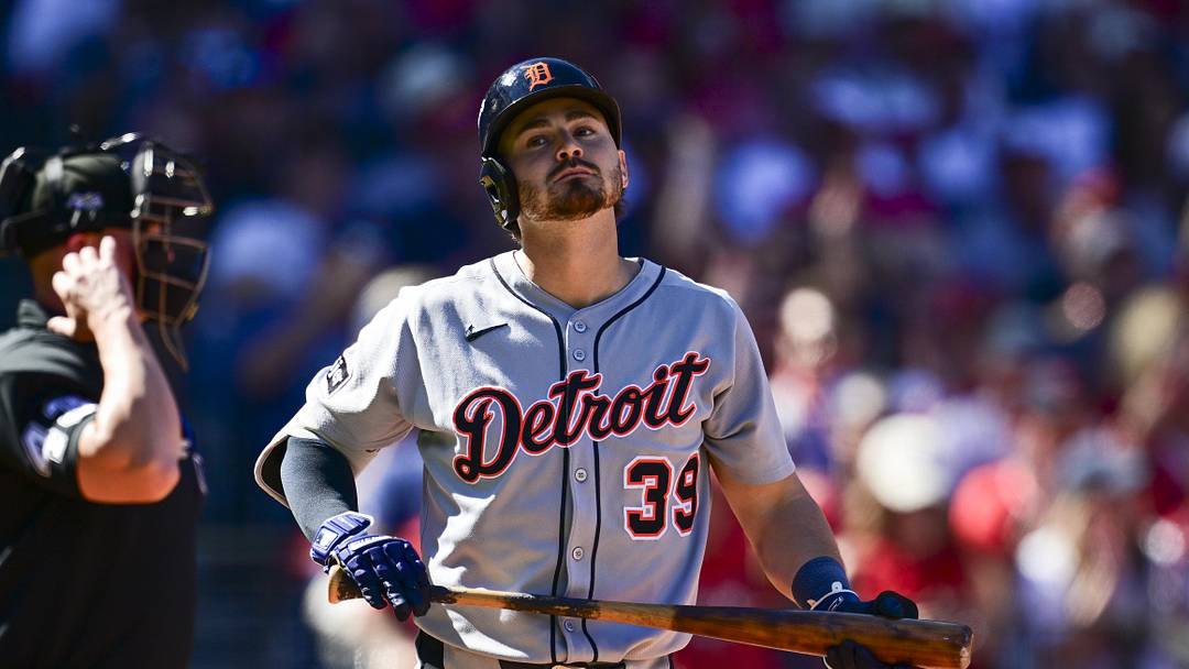 Sep 30, 2025; Cleveland, Ohio, USA; Detroit Tigers third base Zach McKinstry (39) reacts after striking out against the Cleveland Guardians in the second inning during game one of the Wildcard round for the 2025 MLB playoffs at Progressive Field. Mandatory Credit: David Dermer-Imagn Images