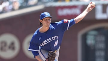 May 21, 2025; San Francisco, California, USA; Kansas City Royals starting pitcher Daniel Lynch (41) pitches the ball against the San Francisco Giants during the first inning at Oracle Park. Mandatory Credit: Kelley L Cox-Imagn Images