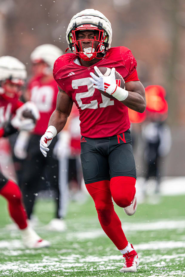 Nebraska running back Emmett Johnson takes part in the the Huskers' practice ahead of the Pinstripe Bowl.