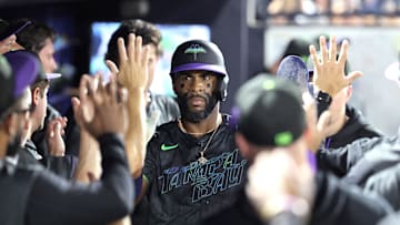 Sep 19, 2025; Tampa, Florida, USA; Tampa Bay Rays designated hitter Yandy Diaz (2) scores a run during the first inning against the Boston Red Sox at George M. Steinbrenner Field. Mandatory Credit: Kim Klement Neitzel-Imagn Images
