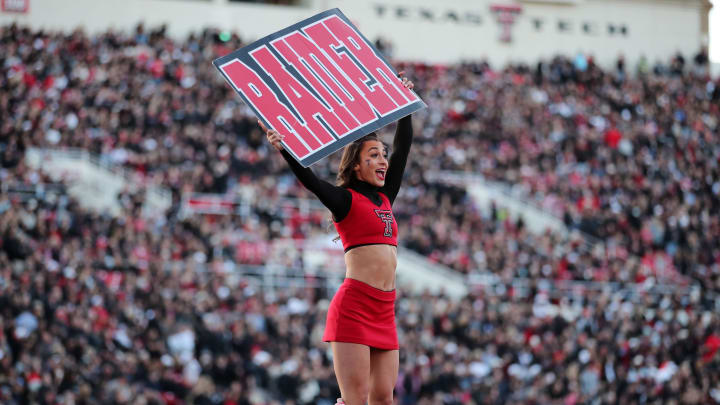 Oct 14, 2023; Lubbock, Texas, USA;  A Texas Tech Red Raiders cheerleader during the game between the Texas Tech Red Raiders and the Kansas State Wildcats at Jones AT&T Stadium and Cody Campbell Field. Mandatory Credit: Michael C. Johnson-USA TODAY Sports