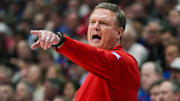 Feb 3, 2025; Lawrence, Kansas, USA; Kansas Jayhawks head coach Bill Self reacts during the second half against the Iowa State Cyclones at Allen Fieldhouse. Mandatory Credit: Jay Biggerstaff-Imagn Images