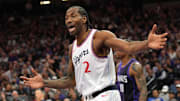 Apr 11, 2025; Sacramento, California, USA; Los Angeles Clippers forward Kawhi Leonard (2) reacts during the fourth quarter against the Sacramento Kings at Golden 1 Center. Mandatory Credit: Darren Yamashita-Imagn Images