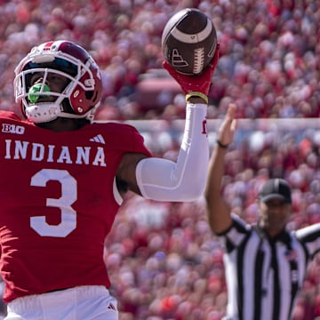 Indiana Hoosiers wide receiver Omar Cooper Jr. (3) celebrates scoring a touchdown during the second quarter against the Washington Huskies at Memorial Stadium.
