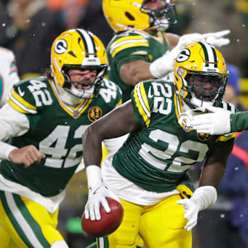 Green Bay Packers cornerback Robert Rochell (22) celebrates after recovering a fumbled punt return against the Dolphins.