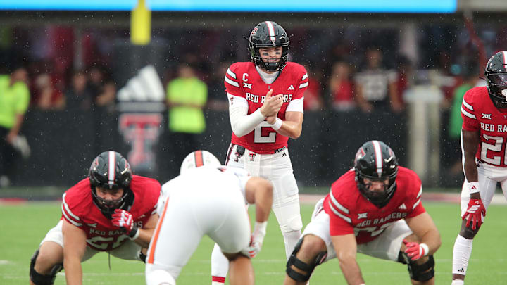 Sep 13, 2025; Lubbock, Texas, USA;  Texas Tech Red Raiders quarterback Behren Morton (2) waits for the snap against the Oregon State Beavers in the first half at Jones AT&T Stadium. Mandatory Credit: Michael C. Johnson-Imagn Images