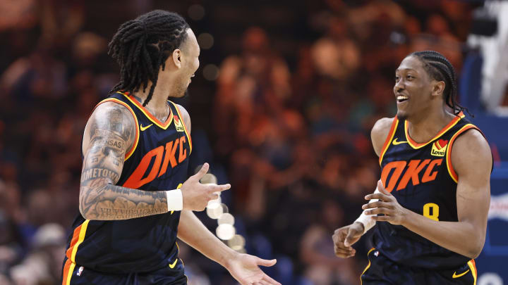 Apr 14, 2024; Oklahoma City, Oklahoma, USA; Oklahoma City Thunder forward Jalen Williams (8) and Oklahoma City Thunder forward Jaylin Williams (6) celebrate after scoring against the Dallas Mavericks during the second quarter at Paycom Center. Mandatory Credit: Alonzo Adams-USA TODAY Sports