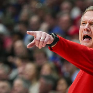 Feb 3, 2025; Lawrence, Kansas, USA; Kansas Jayhawks head coach Bill Self reacts during the second half against the Iowa State Cyclones at Allen Fieldhouse. Mandatory Credit: Jay Biggerstaff-Imagn Images